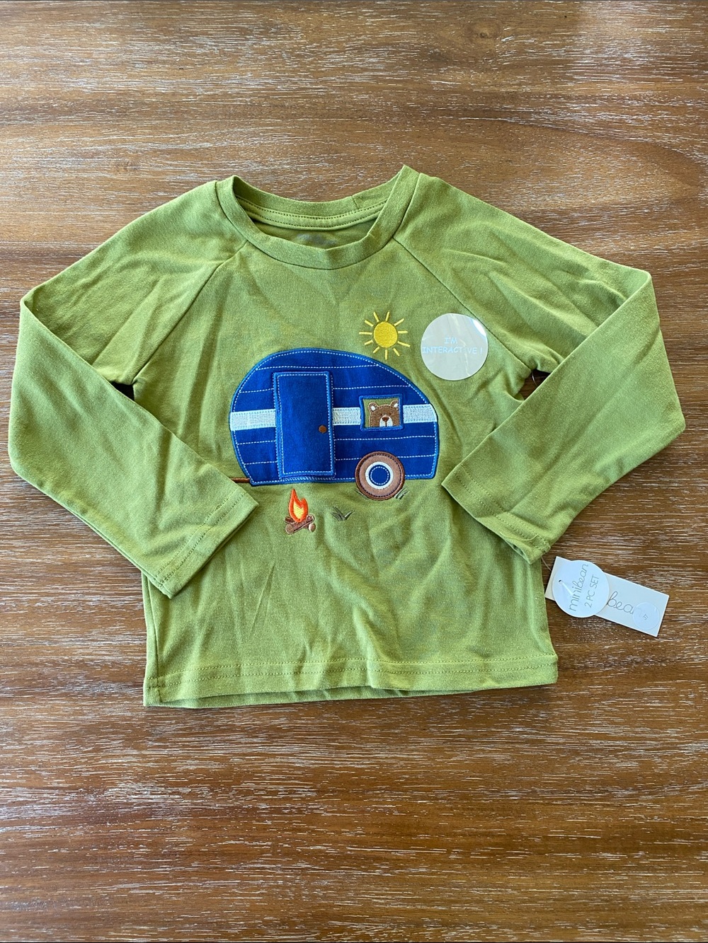 NWT MiniBean 3T Kids Green Long-Sleeve Top with Blue Camper Applique